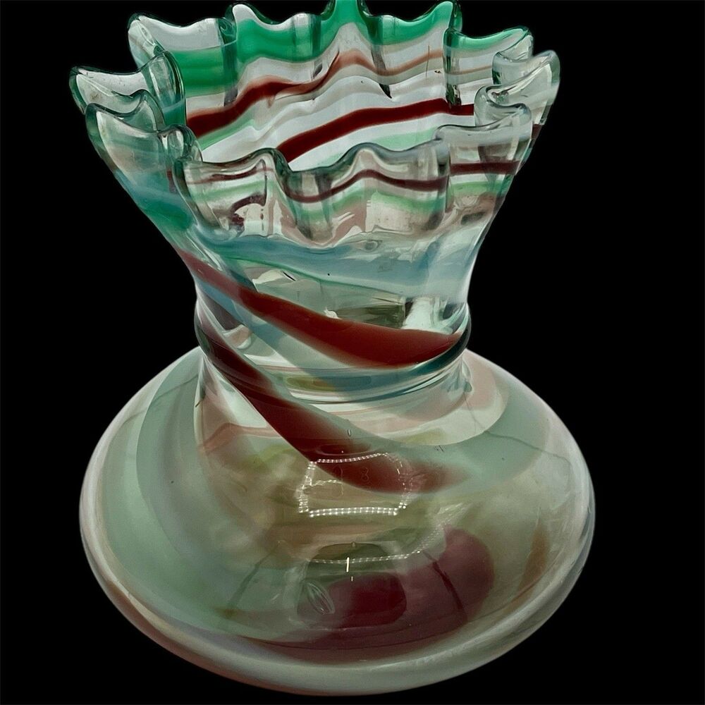 Vtg. Murano Hand‎ Blown Swirl Glass Vase with a Ruffled/Wavy Edge Made In Italy